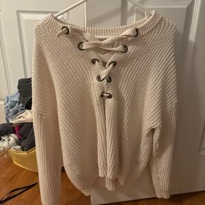 Women's Cream Lace-Up Sweater